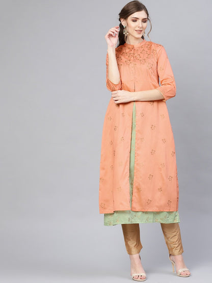 Women's  Peach-Coloured & Green Floral Printed Layered A-Line Kurta