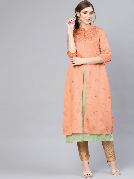 Women's  Peach-Coloured & Green Floral Printed Layered A-Line Kurta