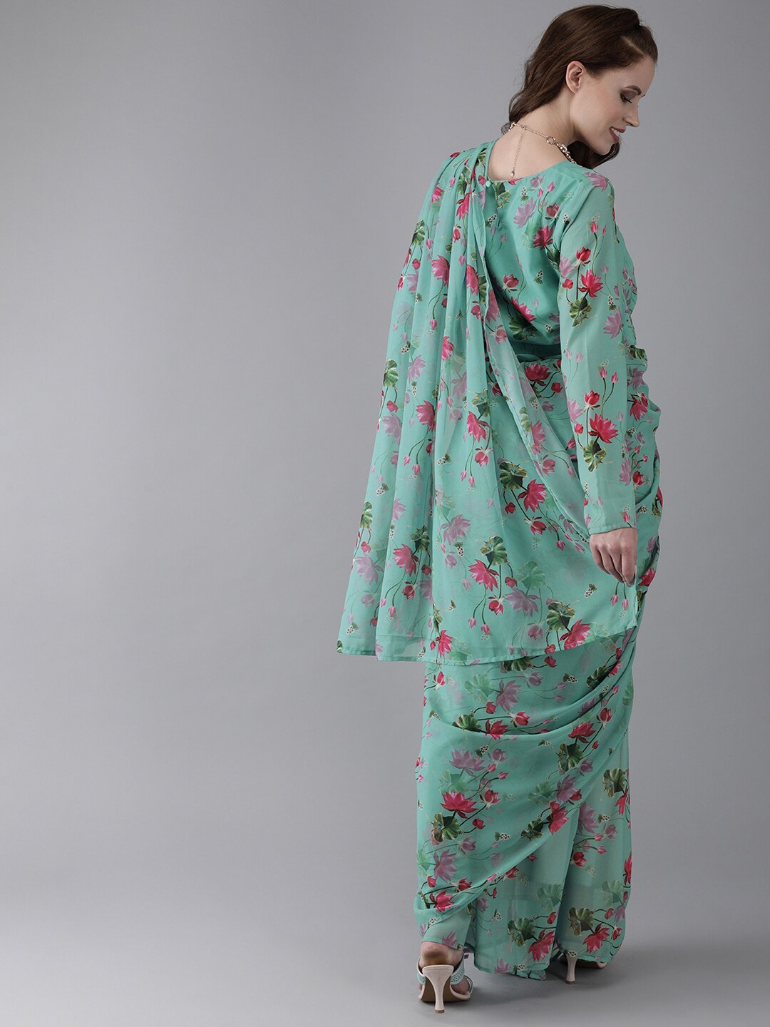 Women's Green Floral Print Saree With Blouse Piece