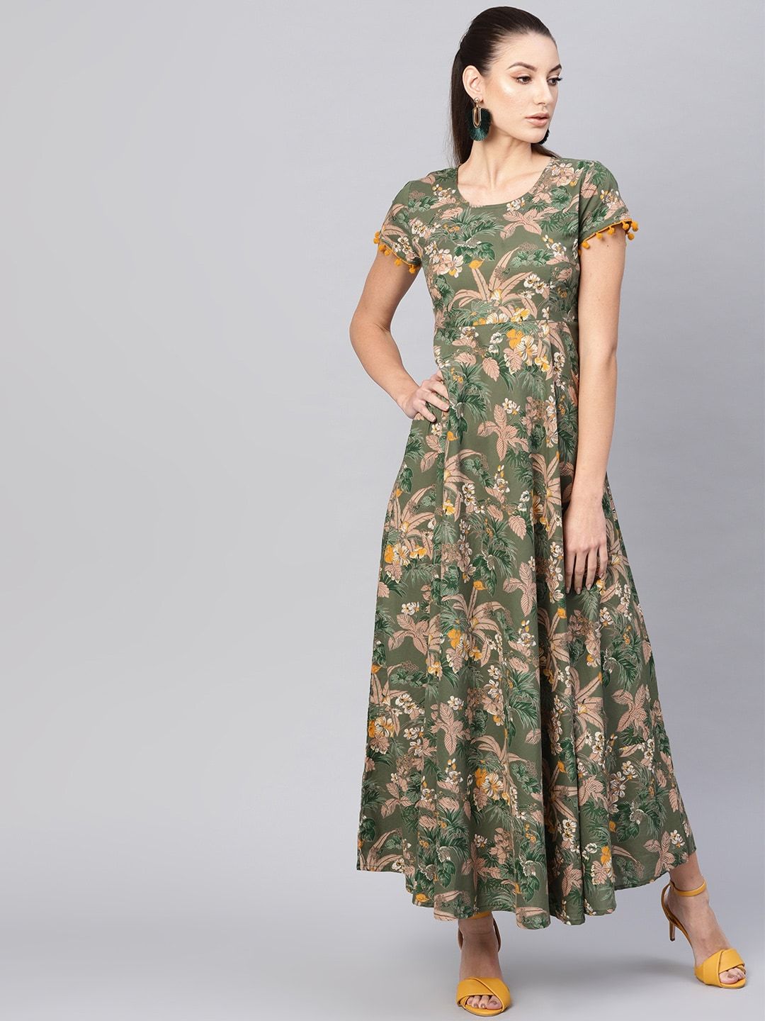 Women's  Olive Green & Beige Floral Printed Maxi Dress