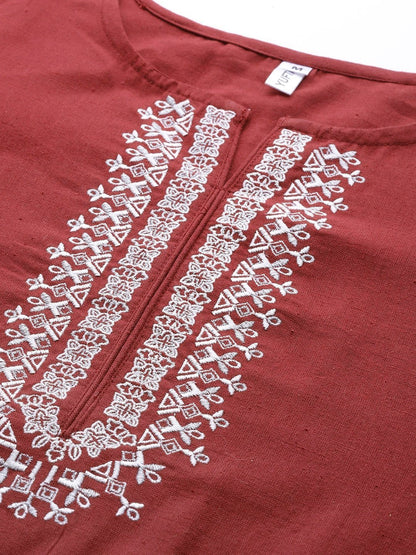 Women's Maroon & Offwhite Embroidered Kurta Set