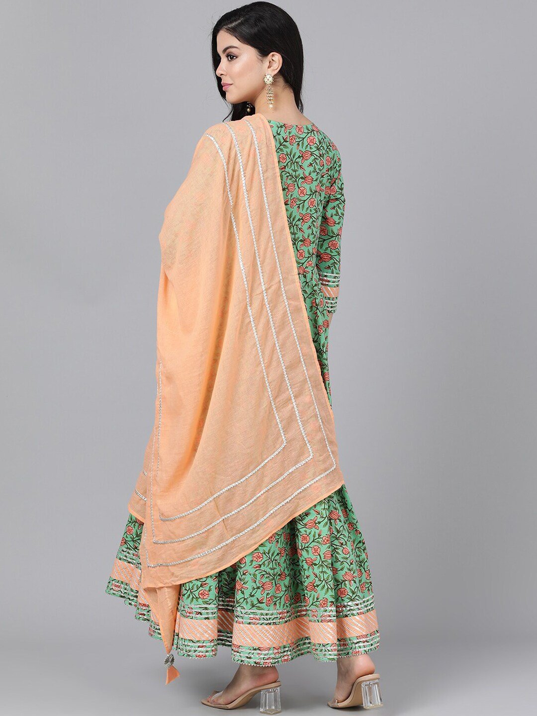 Women's  Green & Peach-Coloured Striped Anarkali Kurta