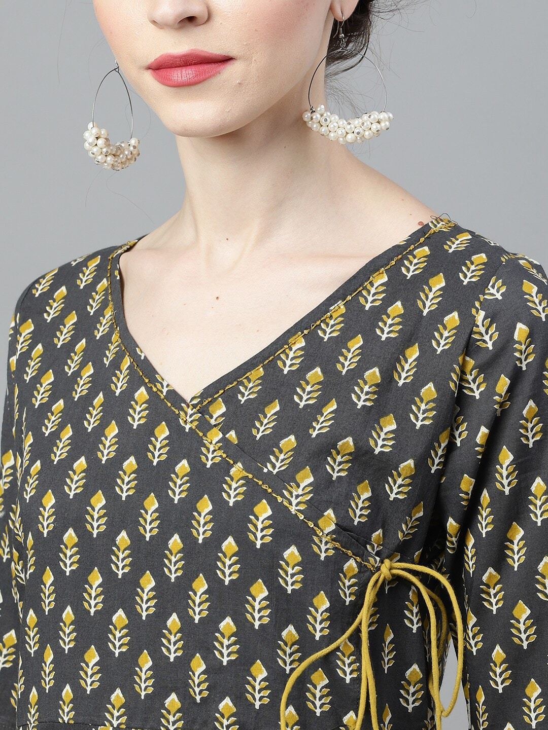 Women's  Grey & Mustard Printed Anarkali Kurta