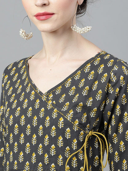 Women's  Grey & Mustard Printed Anarkali Kurta