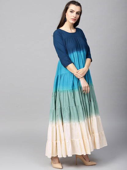 Women's  Navy Blue & Green Ombre Dyed Tiered Anarkali Kurta