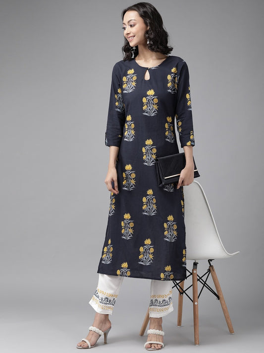 Women's Navy Blue & Mustard Kurta Set