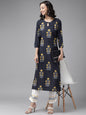 Women's Navy Blue & Mustard Kurta Set