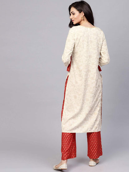 Women's  Off-White & Red Printed Layered Kurta