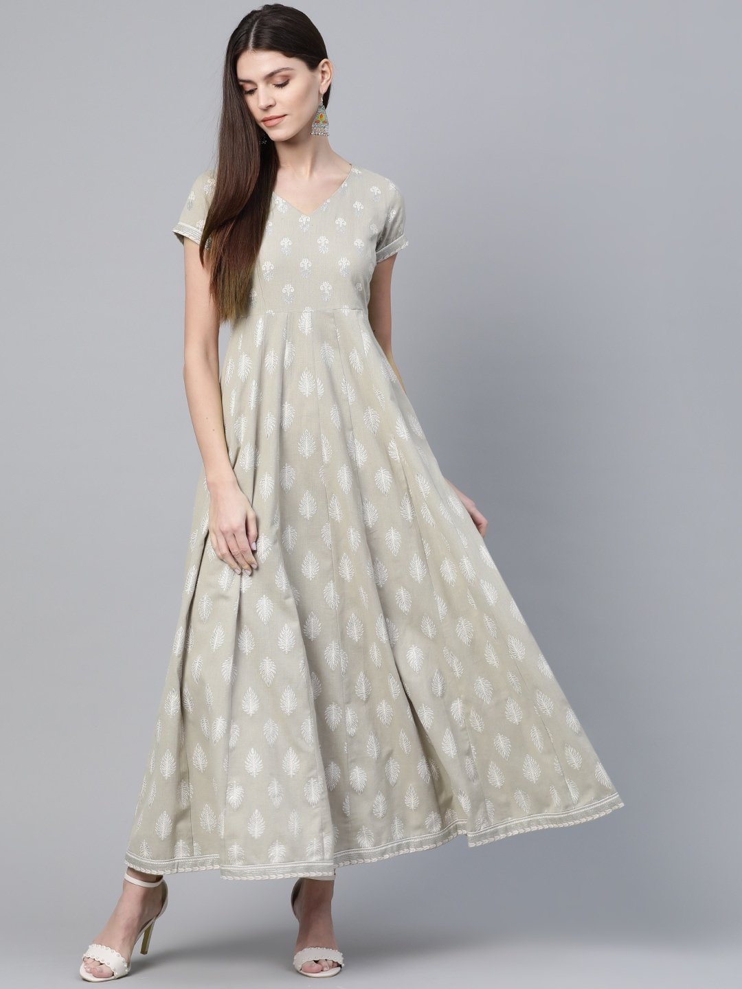 Women's  Taupe & Off White Khari Print Maxi Dress