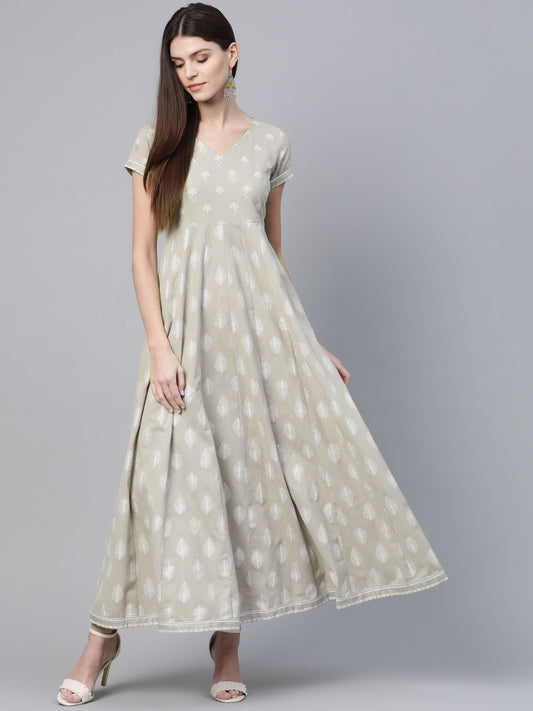 Women's  Taupe & Off White Khari Print Maxi Dress