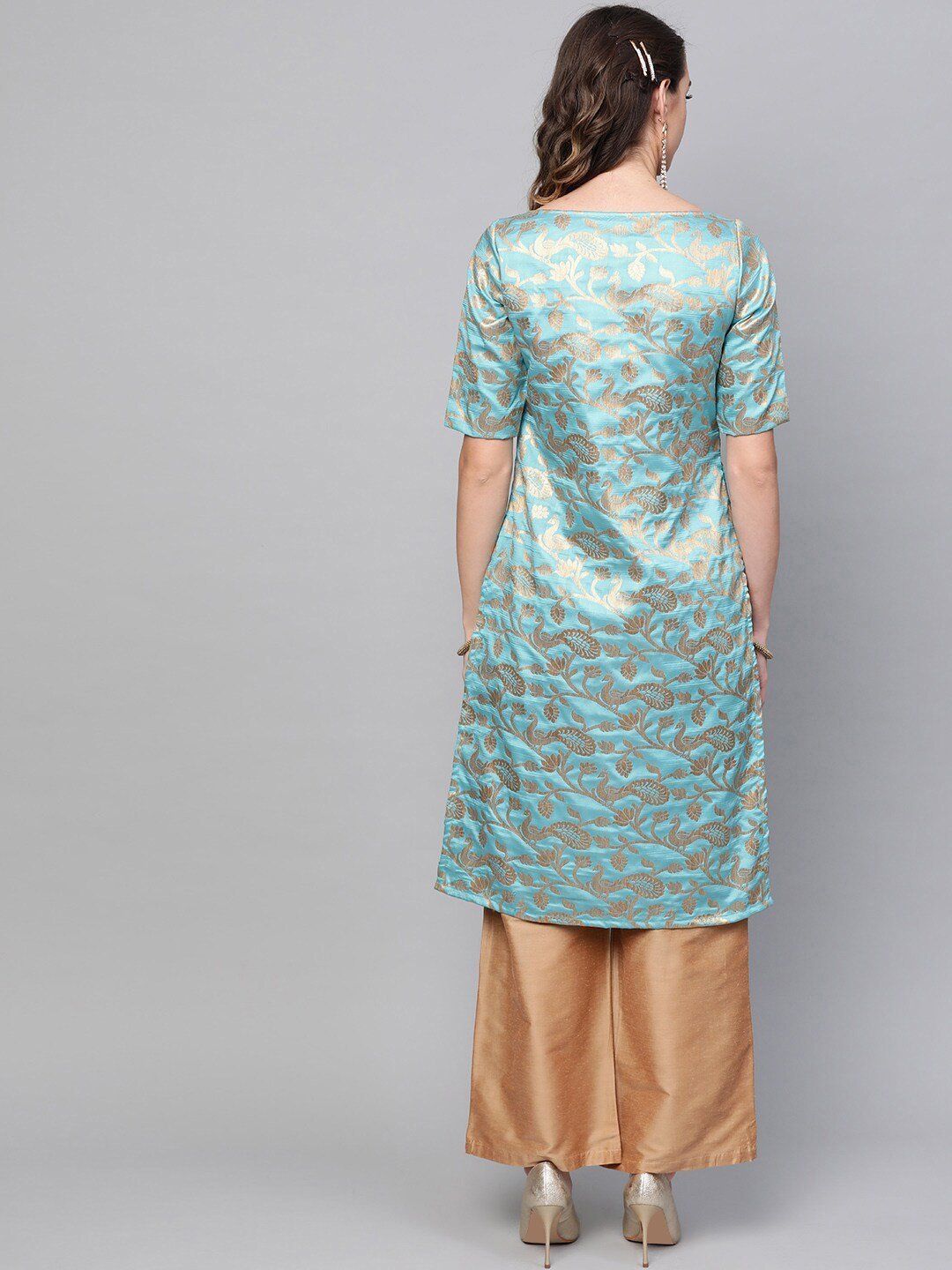 Women's  Blue & Golden Brocade Woven Design Straight Kurta