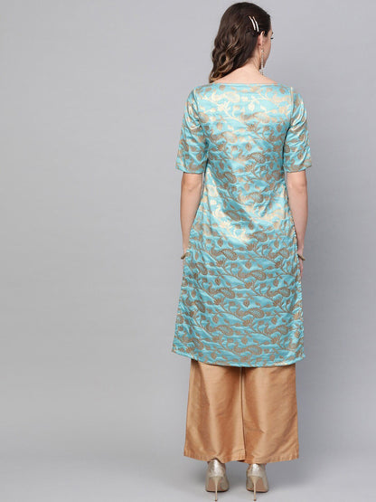Women's  Blue & Golden Brocade Woven Design Straight Kurta