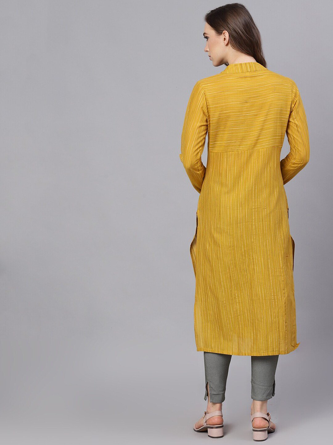 Women's  Mustard Striped Straight Kurta