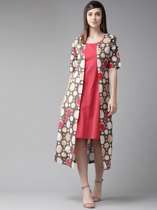 Women's  Red & Brown Printed Layered A-Line Dress