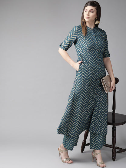 Women's  Teal Blue & Golden Chevron Print A-Line Kurta
