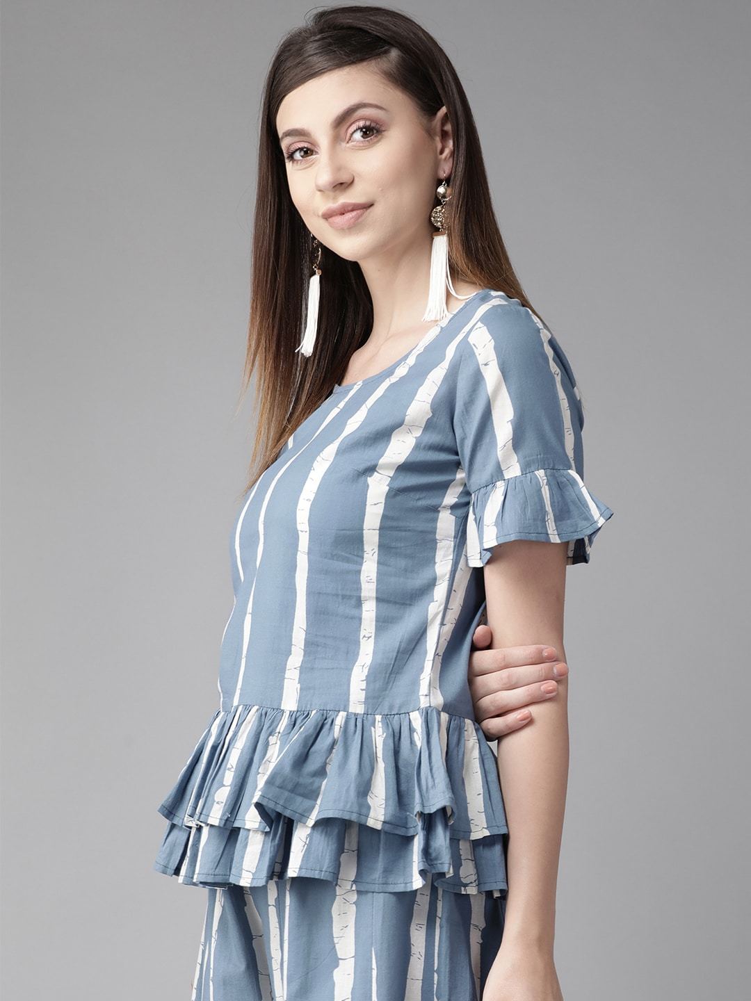 Women's  Blue & White Striped Ruffled A-Line Top