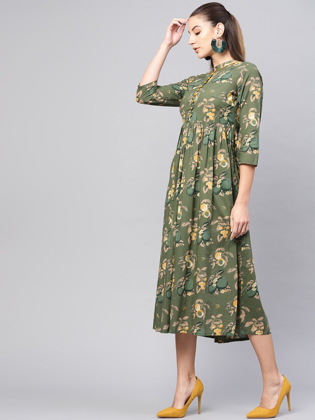 Women's  Olive Green & Beige Floral Printed Midi A-Line Dress