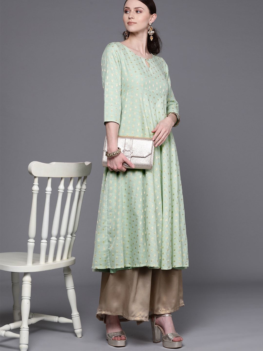Women's  Green & Golden Woven Design Empire Anarkali Kurta