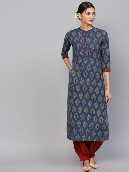 Women's  Navy Blue & Maroon Printed Kantha Work Straight Kurta