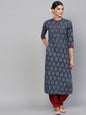 Women's  Navy Blue & Maroon Printed Kantha Work Straight Kurta