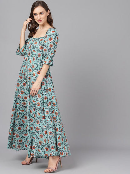 Women's  Green Printed Maxi Dress