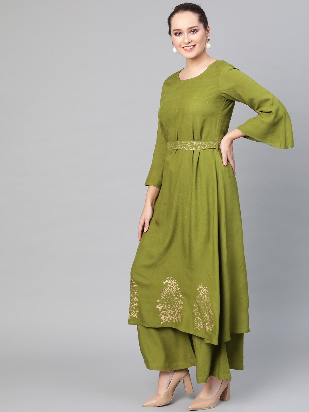 Women's  Green & Golden Printed Detail Kurta with Palazzos