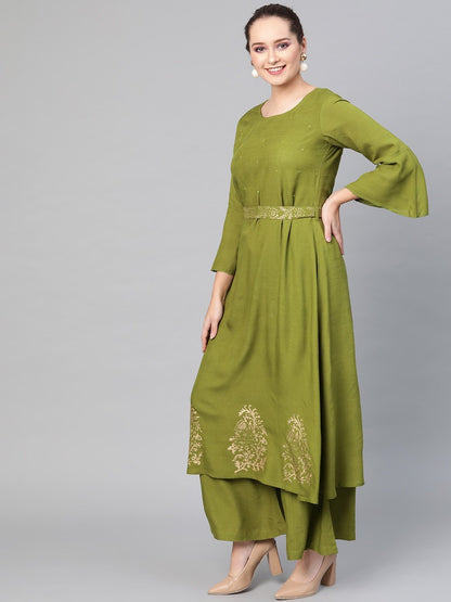 Women's  Green & Golden Printed Detail Kurta with Palazzos