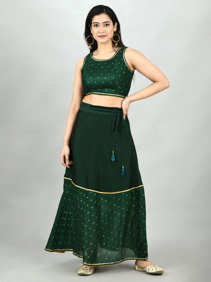 Green Georgette Printed Sleeveless Round Neck Casual Blouse Lehenga Dupatta Set