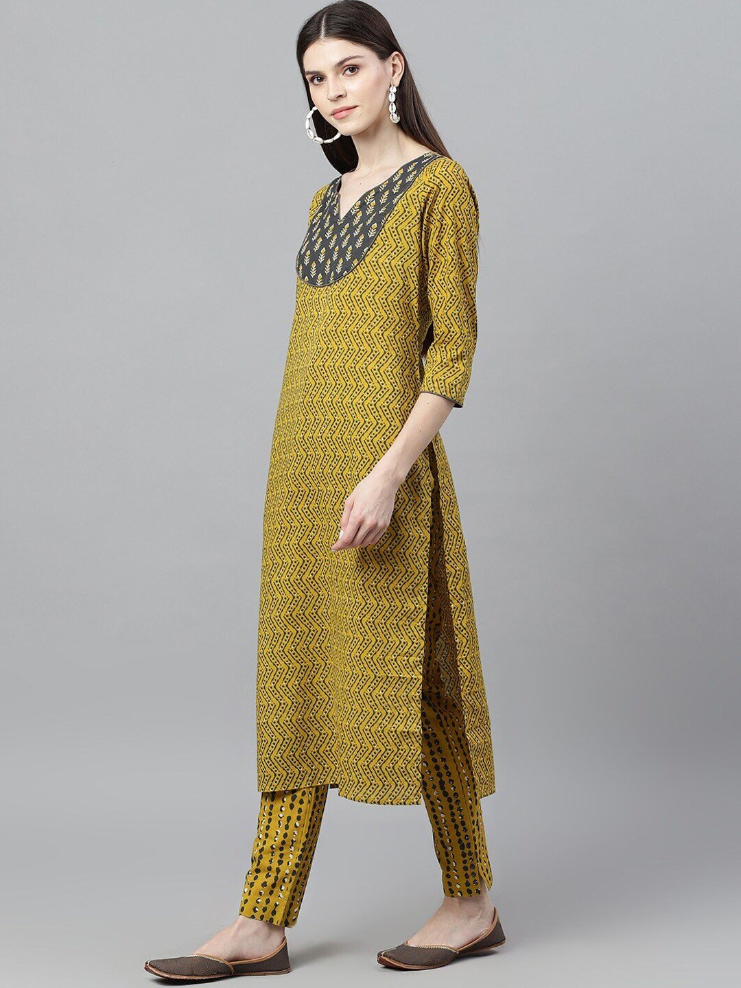 Women's  Mustard & Grey Printed A-Line Kurta
