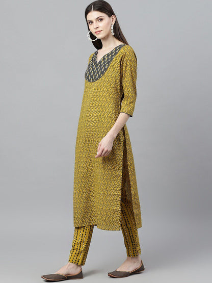 Women's  Mustard & Grey Printed A-Line Kurta