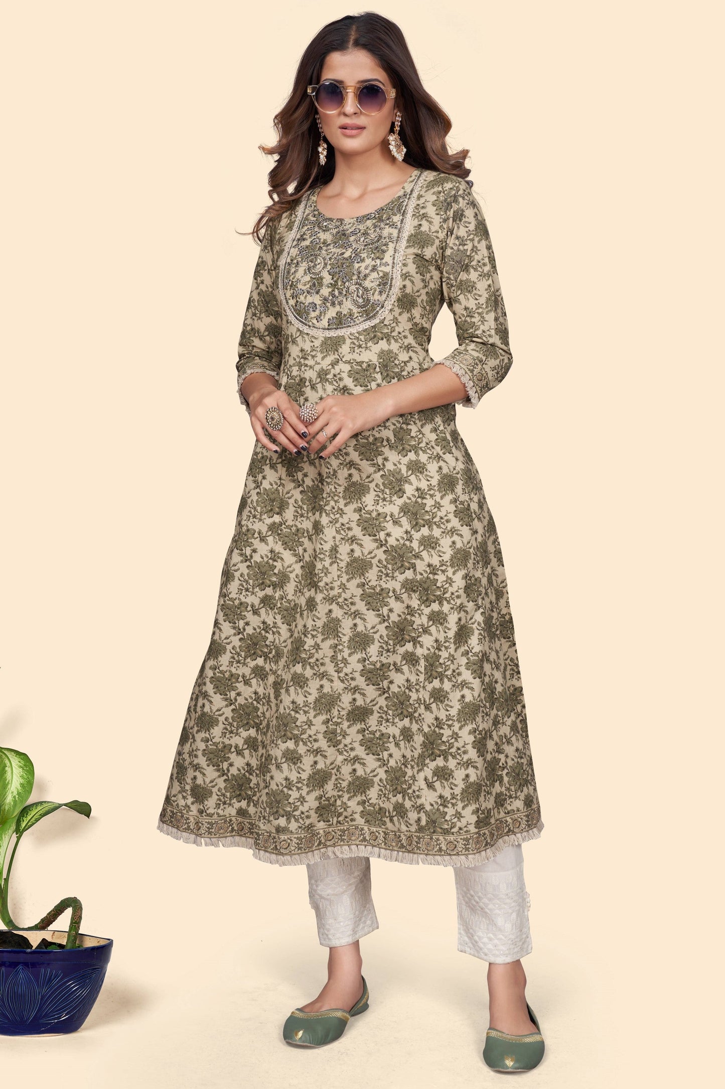 Women's Print & Embroidered A-Line Cotton Mahendi Green Stitched Kurta