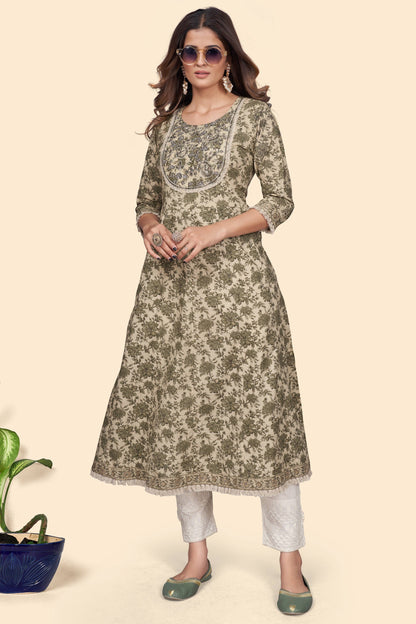 Women's Print & Embroidered A-Line Cotton Mahendi Green Stitched Kurta
