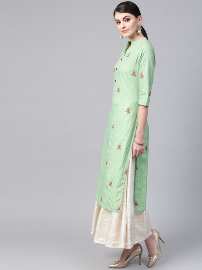 Women's Green & Golden Striped Straight Kurta