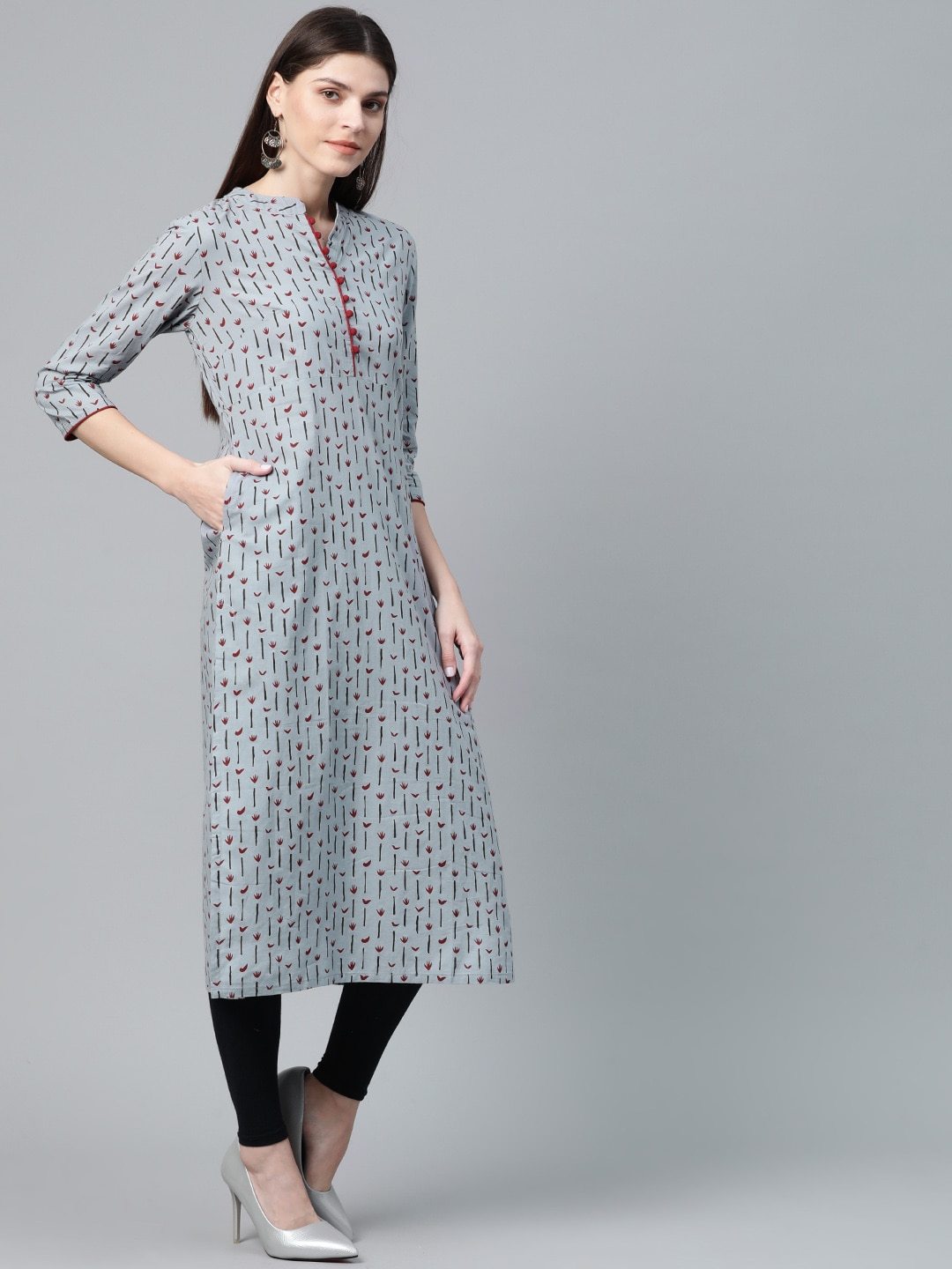 Women's  Grey & Maroon Printed Straight Kurta
