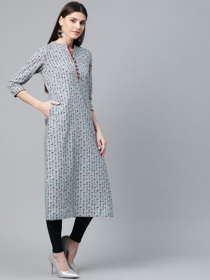 Women's  Grey & Maroon Printed Straight Kurta