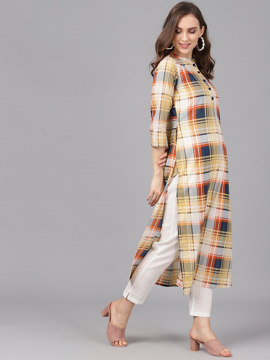 Women's  Yellow & Blue Checked Straight Kurta