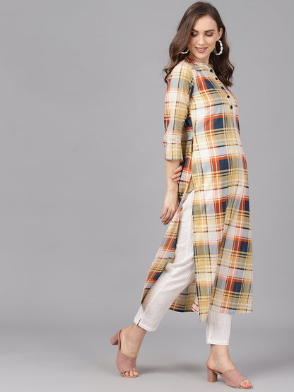 Women's  Yellow & Blue Checked Straight Kurta