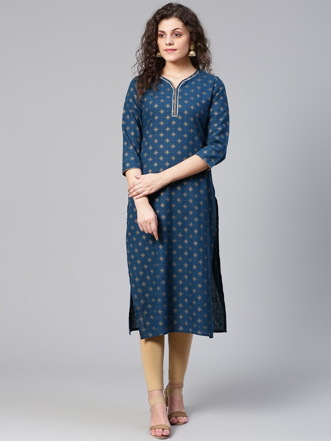 Women's Navy Blue & Golden Printed Straight Kurta