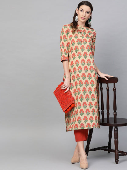 Women's  Beige & Orange Printed Straight Kurta