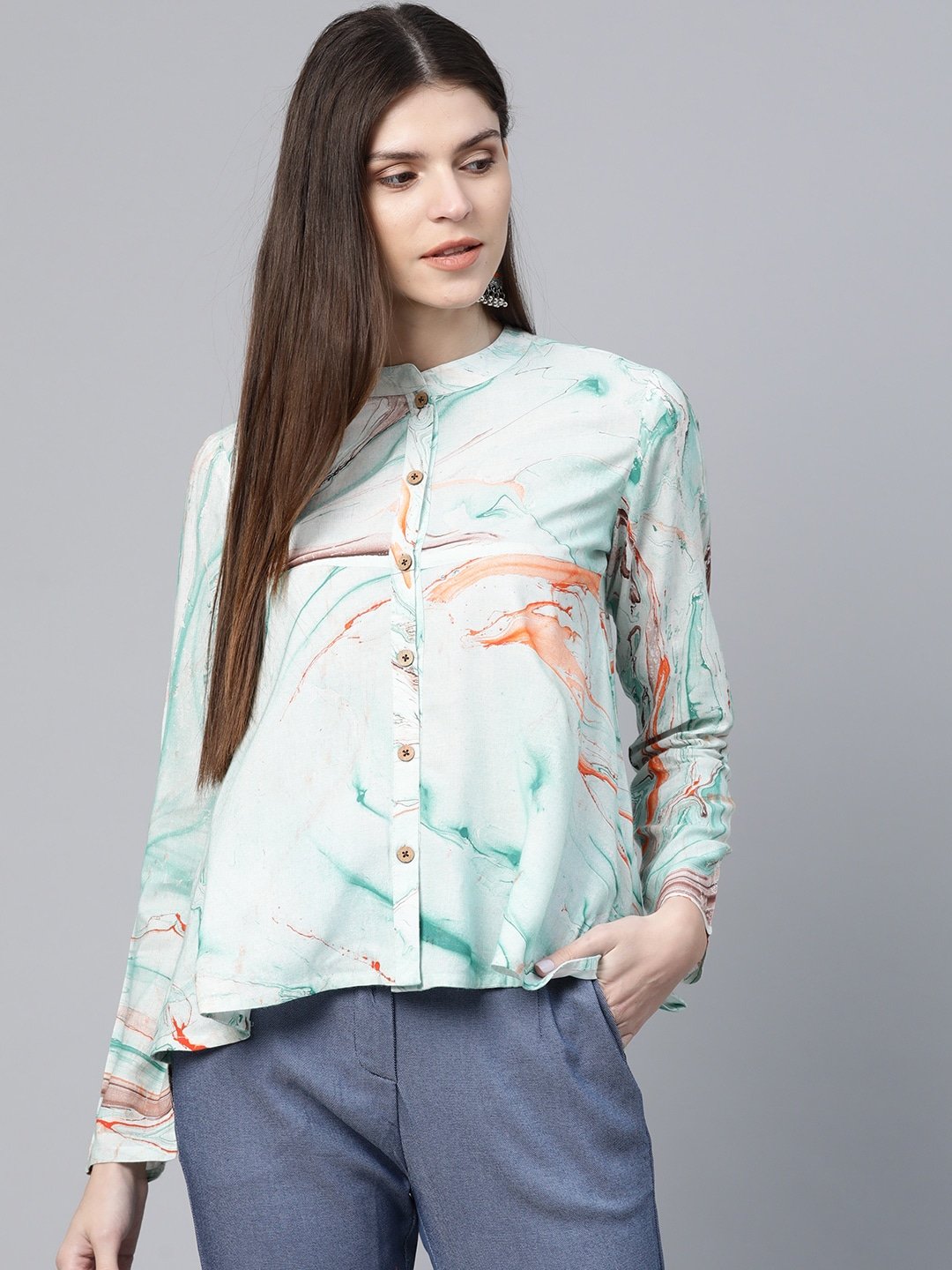 Women's  Sea Green & Orange Abstract Printed A-Line Tunic