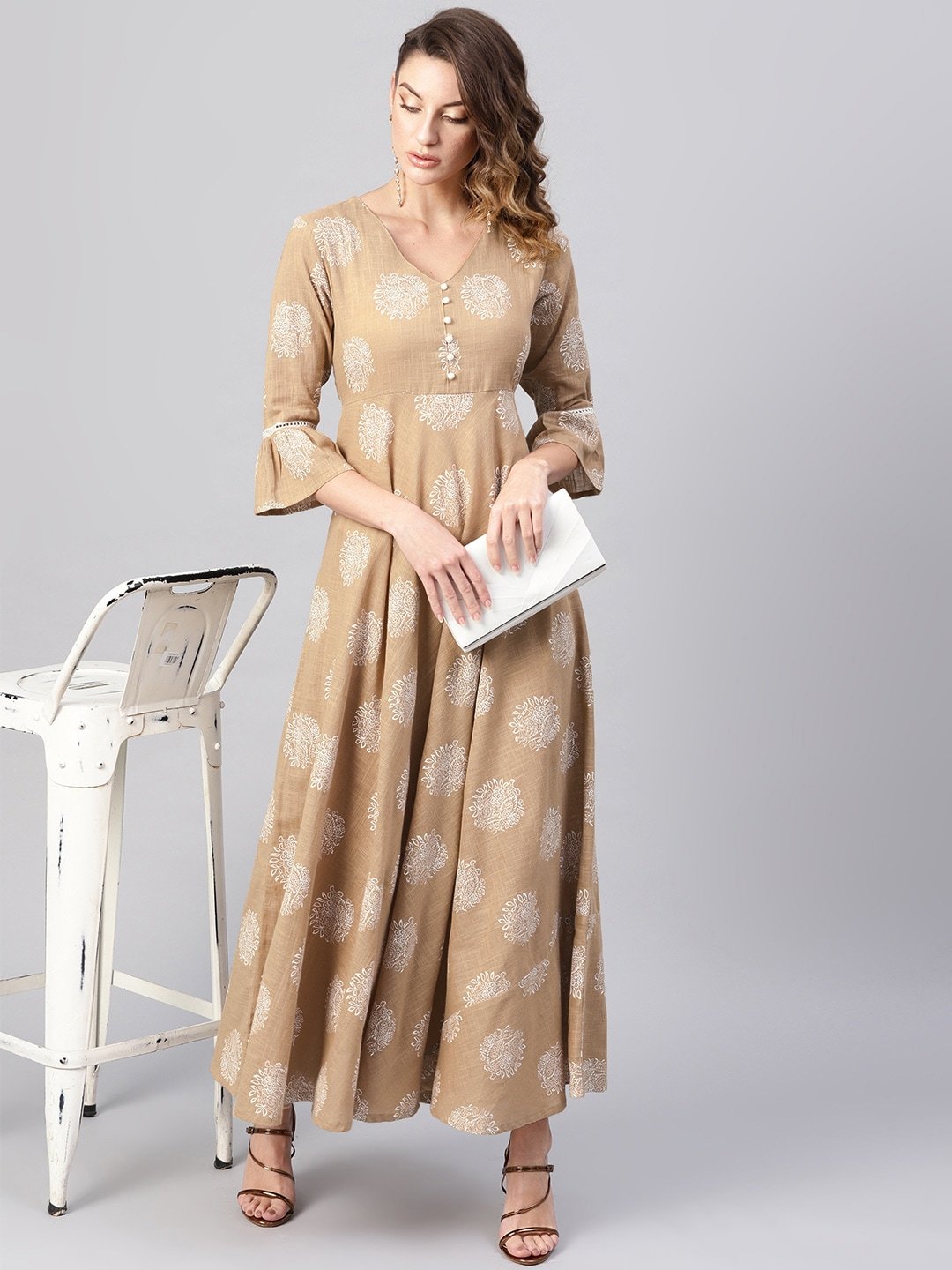 Women's  Beige & White Khari Print Maxi Dress