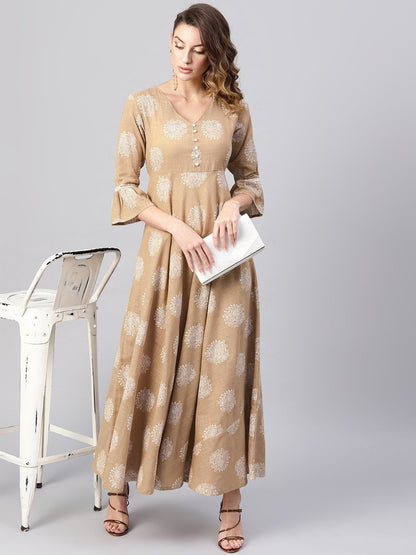 Women's  Beige & White Khari Print Maxi Dress