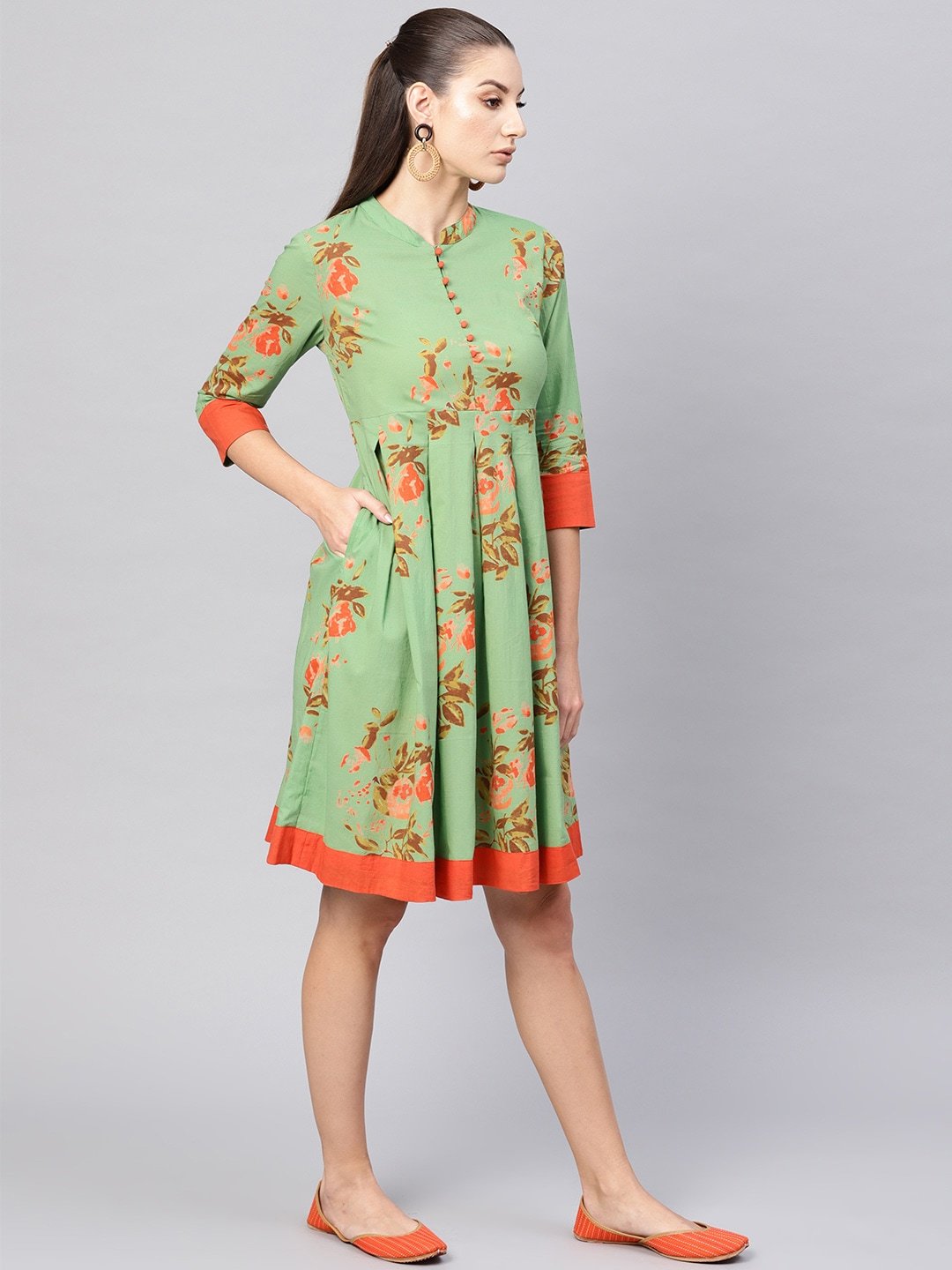Women's  Green & Orange Floral Printed A-Line Dress