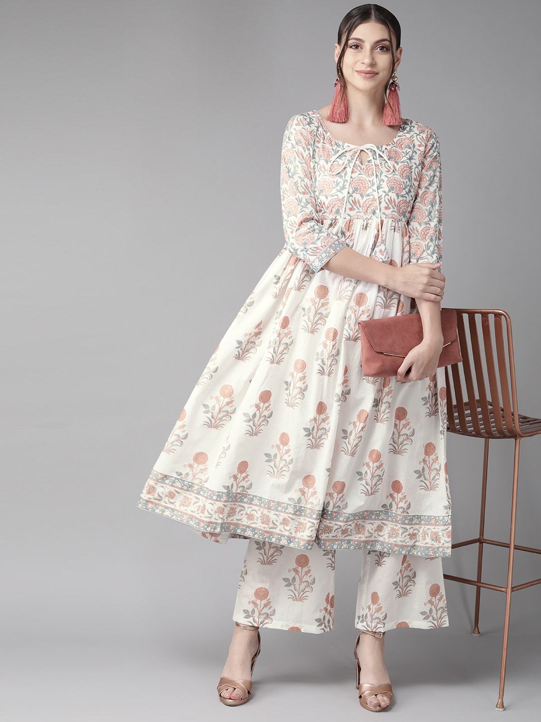 Women's  White & Rust Red Printed Anarkali Kurta