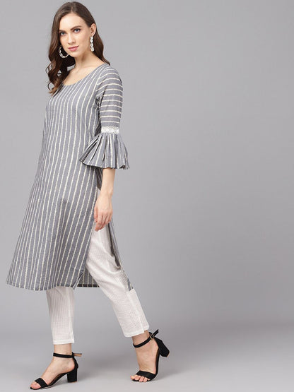 Women's  Grey & White Striped Straight Kurta