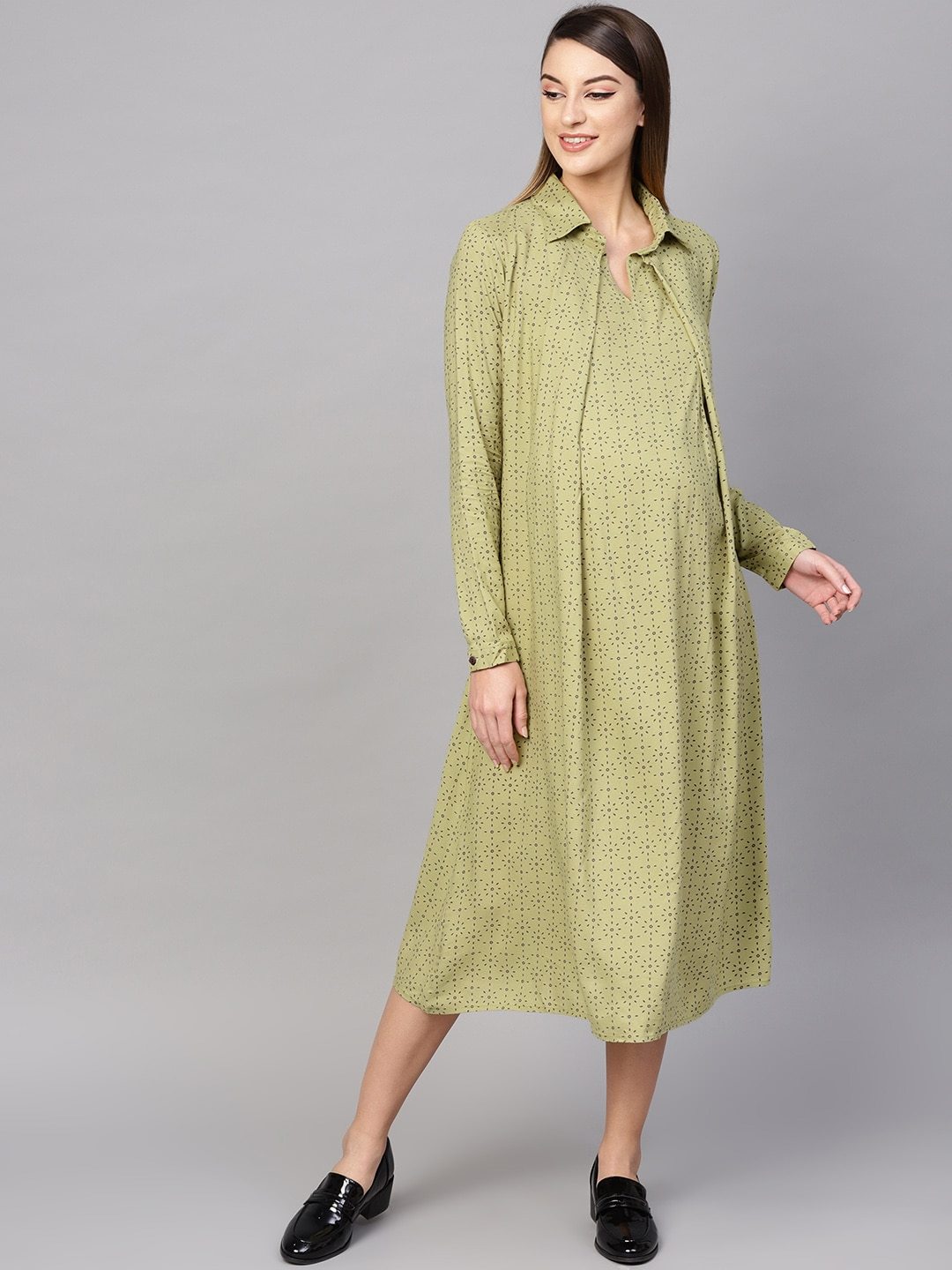 Women's  Green Printed Layered Maternity Shirt Dress