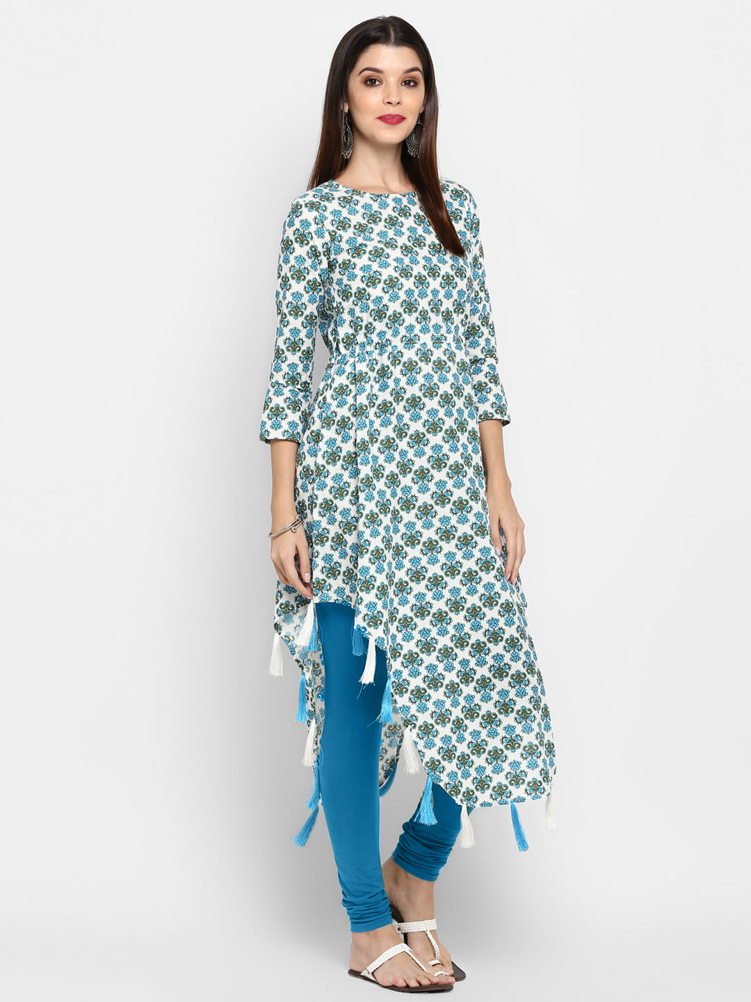 Women's Sky Blue & White Cotton Asymmetric Kurta By Vbuyz- (