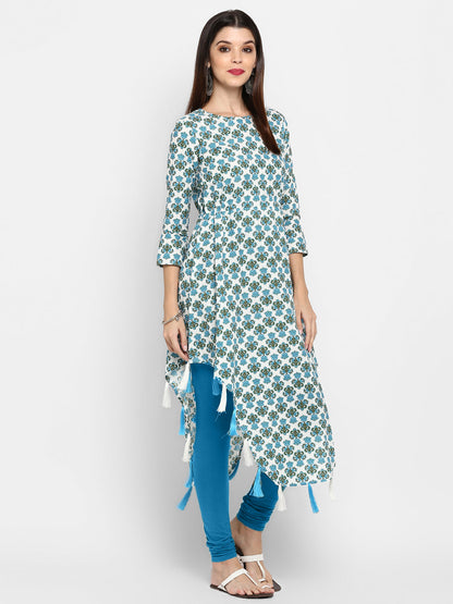 Women's Sky Blue & White Cotton Asymmetric Kurta By Vbuyz- (