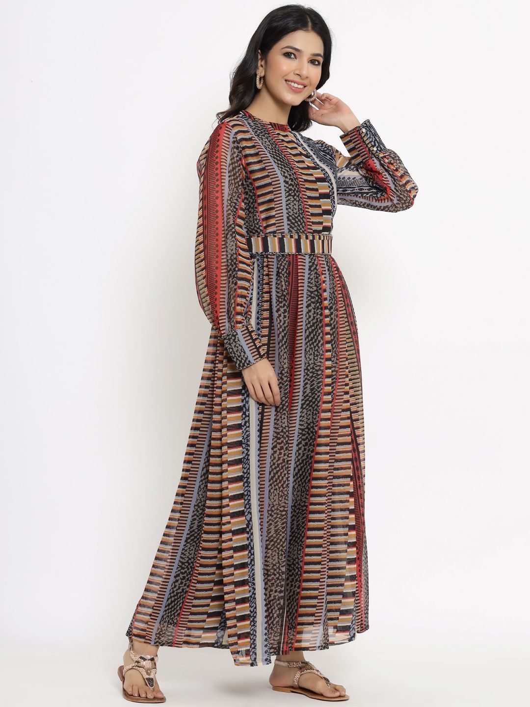 Women's Alphin Chiffon Printed Flared Dress with Waist Tie-up