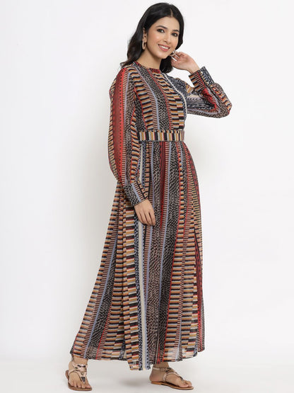 Women's Alphin Chiffon Printed Flared Dress with Waist Tie-up